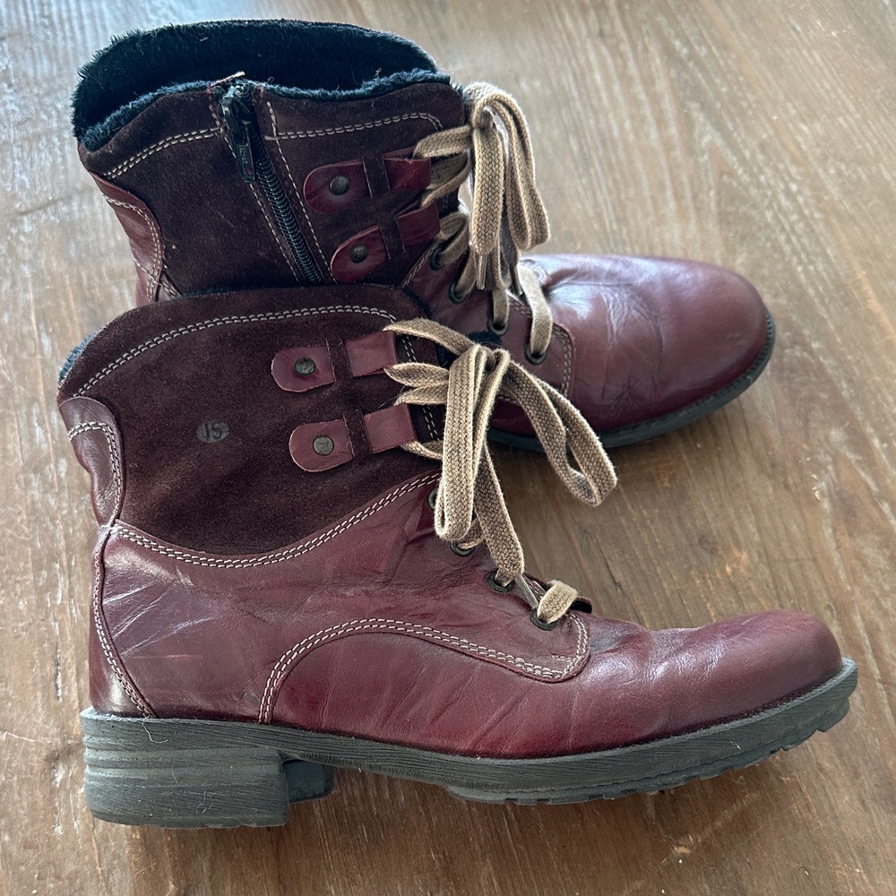 Stylish Burgundy Leather and Suede Combat Boots